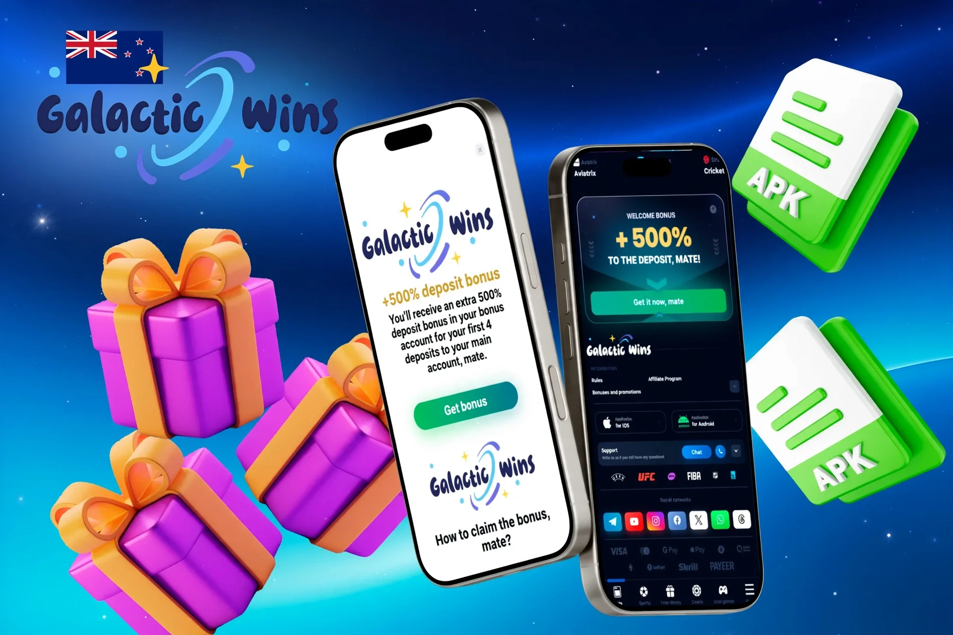 Galactic Wins Casino mobile app promotion with 500% deposit bonus and gift box illustration