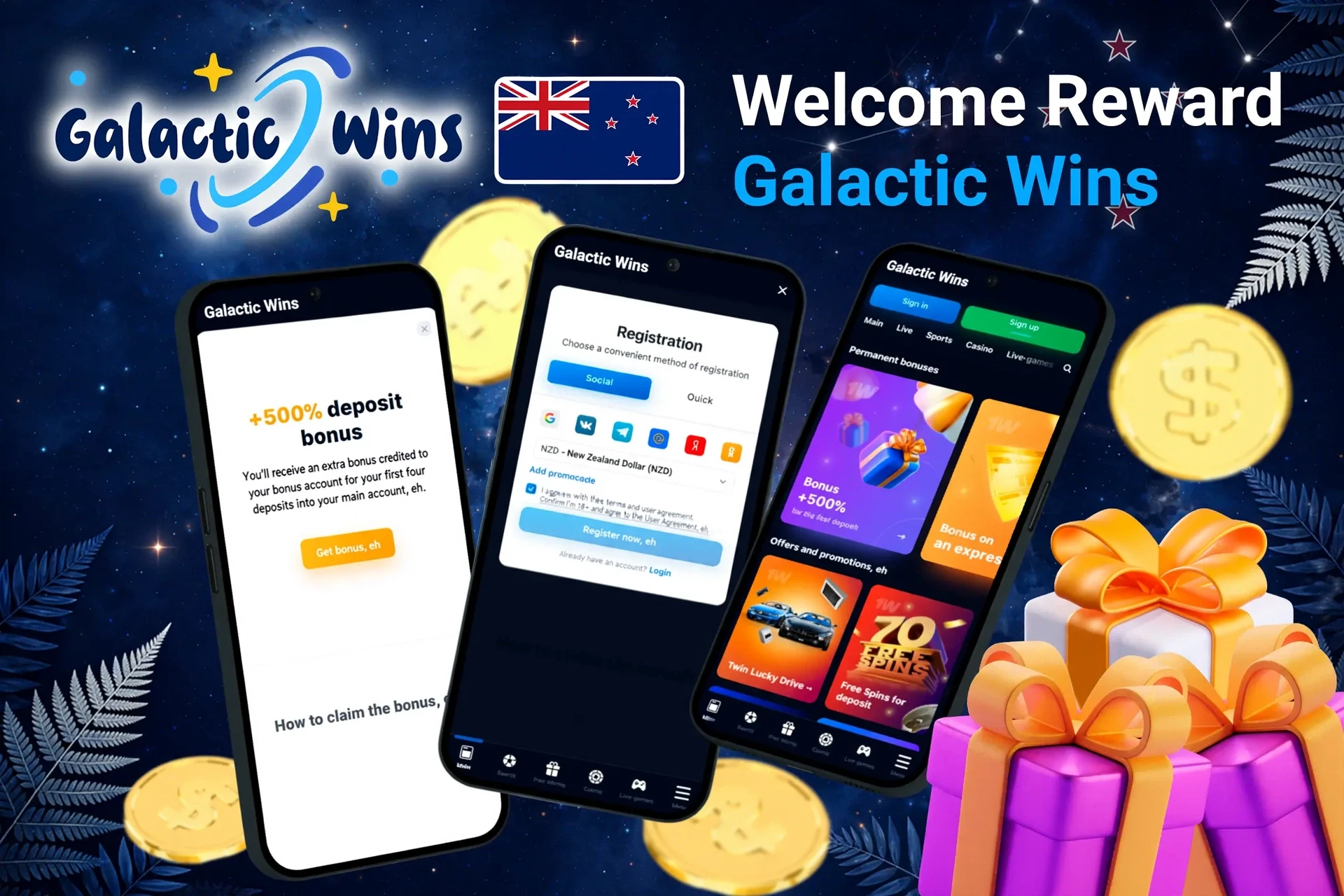Mobile screens displaying Galactic Wins Casino registration and 500% deposit bonus with gift boxes