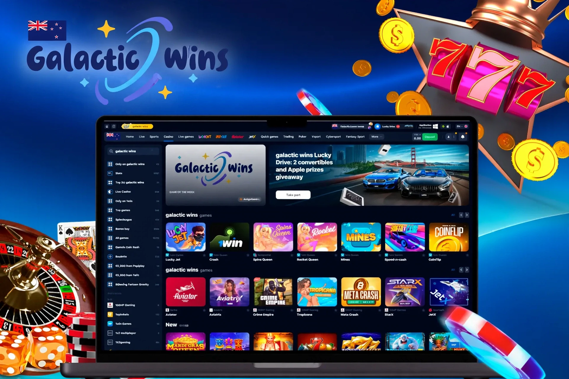 Galactic Wins Casino homepage with various slot and crash games, including Lucky Jet and Blazing Crown