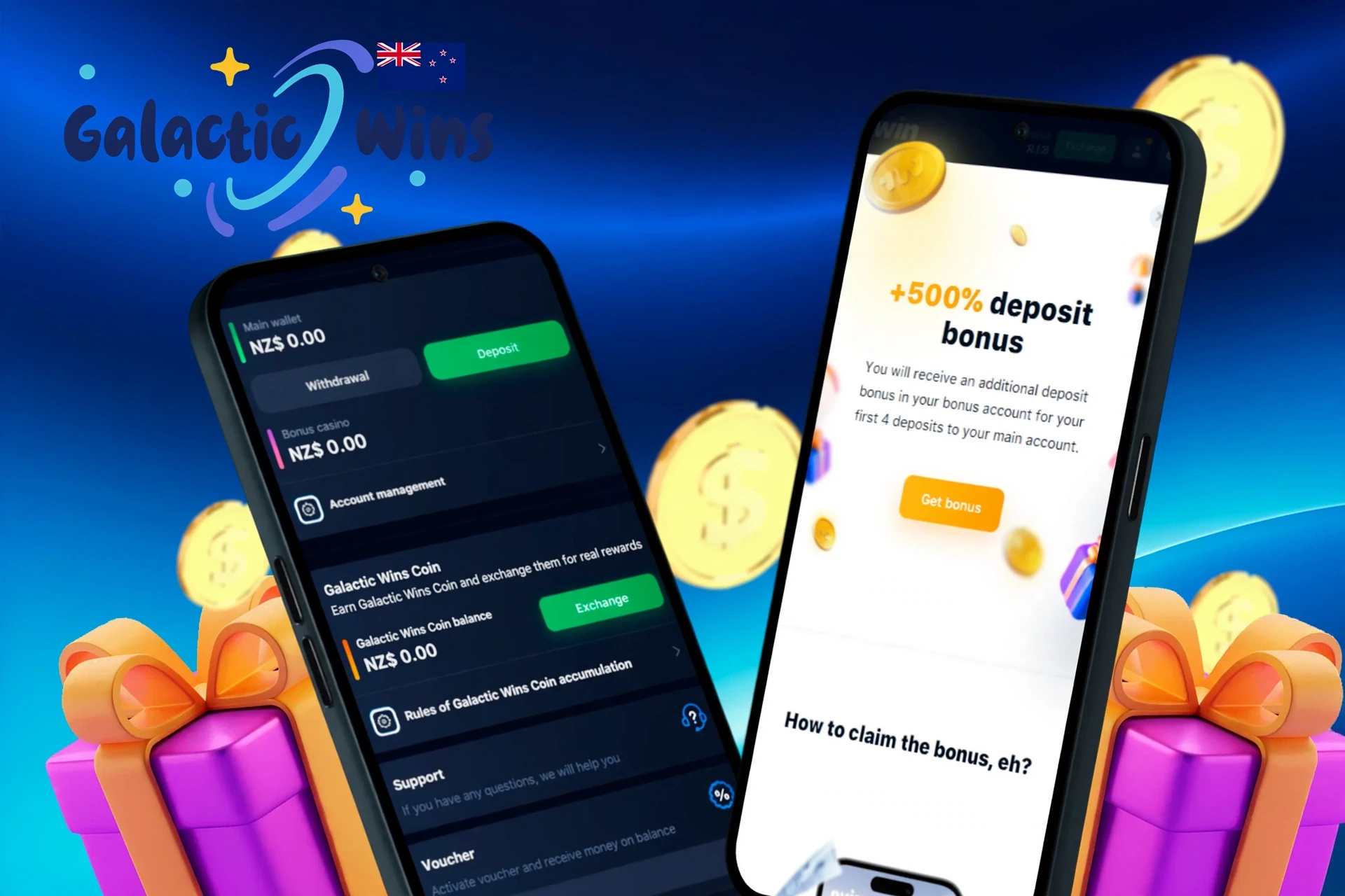 deposit and withdrawal screen showing wallet balance, account management options, and a 500% deposit bonus offer