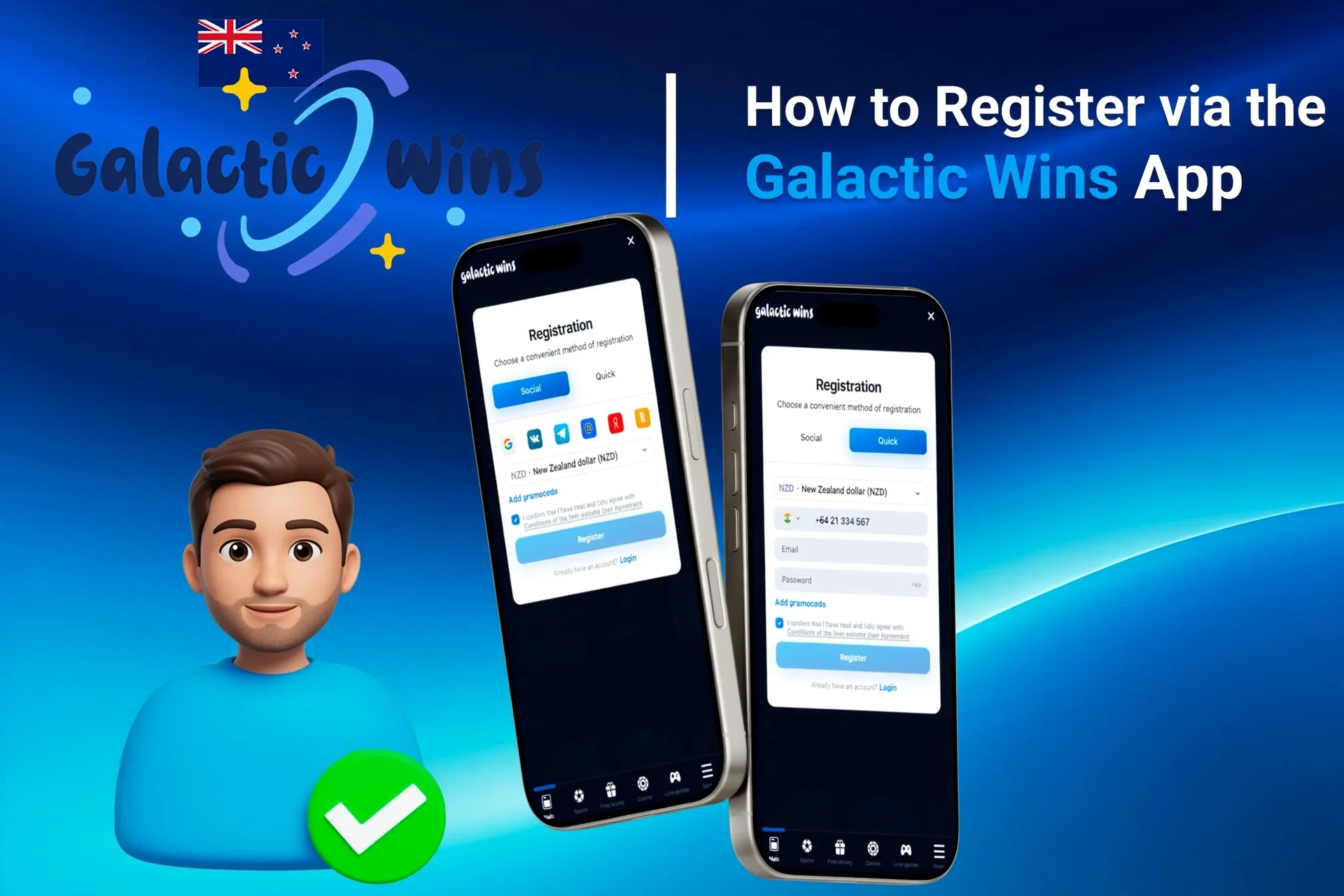 Registration process on the Galactic Wins mobile app with social login options