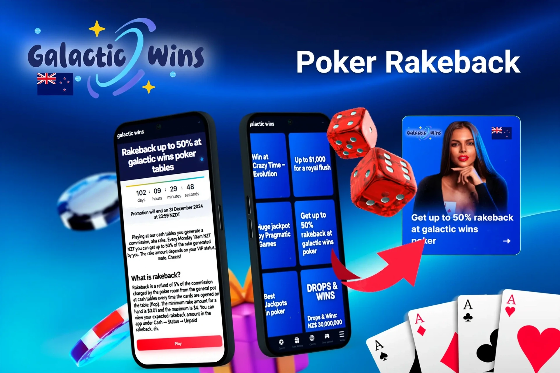 Mobile app showing Galactic Wins Casino poker rakeback offer up to 50%, red dice, and playing cards