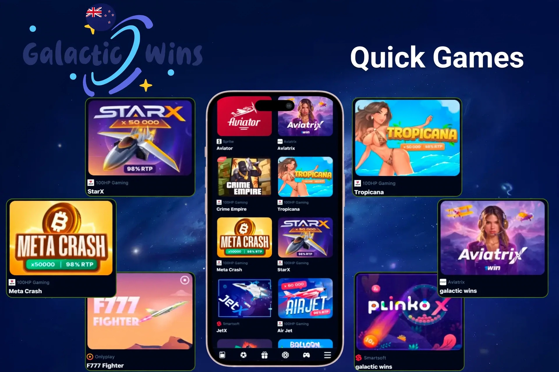 Quick games section featuring titles such as StarX, Tropicana, Meta Crash and PlinkoX on mobile devices