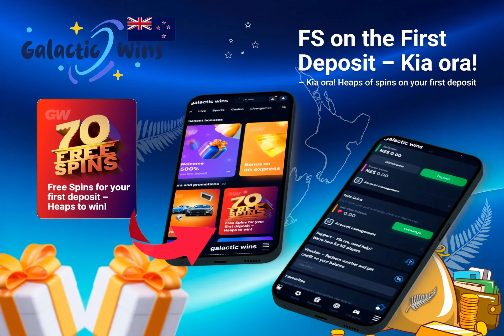 Mobile app showing casino game offers like loyalty program and free spins with poker chips and cards