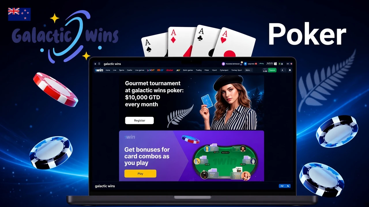 Galactic Wins poker promotion featuring a gourmet tournament with NZ$10,000 guaranteed prize and bonuses for card combinations
