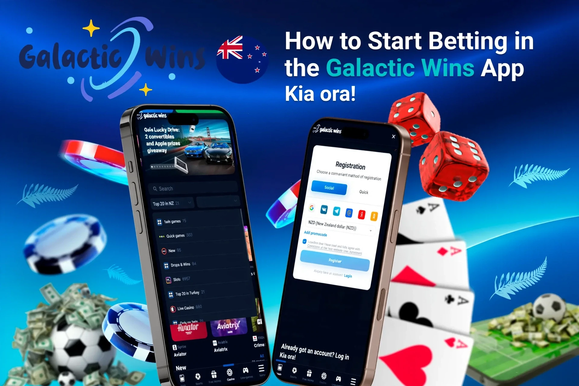Step-by-step guide to starting play on the app, with registration and game selection shown on mobile screens