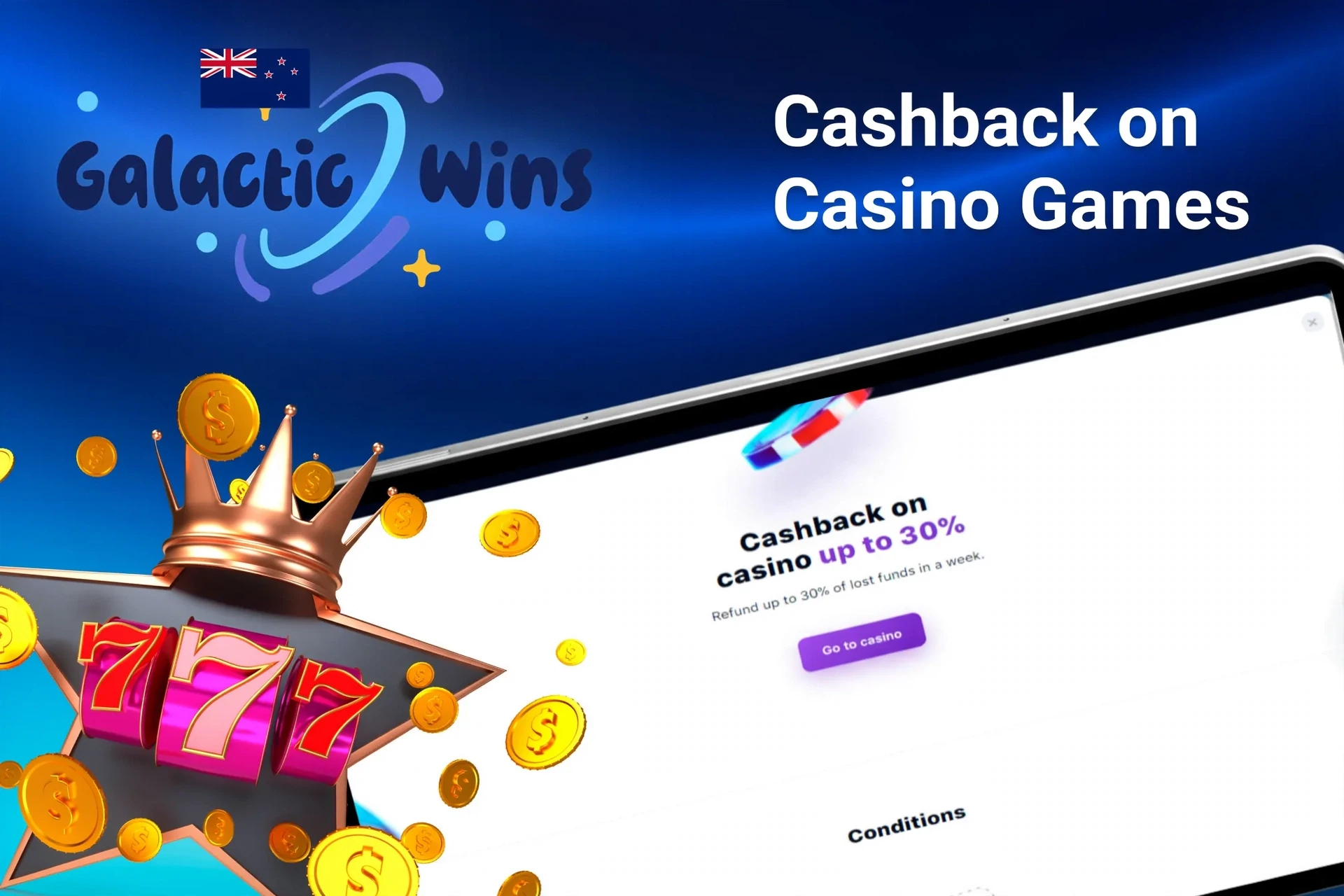 Mobile app showing Galactic Wins Casino poker rakeback offer up to 50%, red dice, and playing cards
