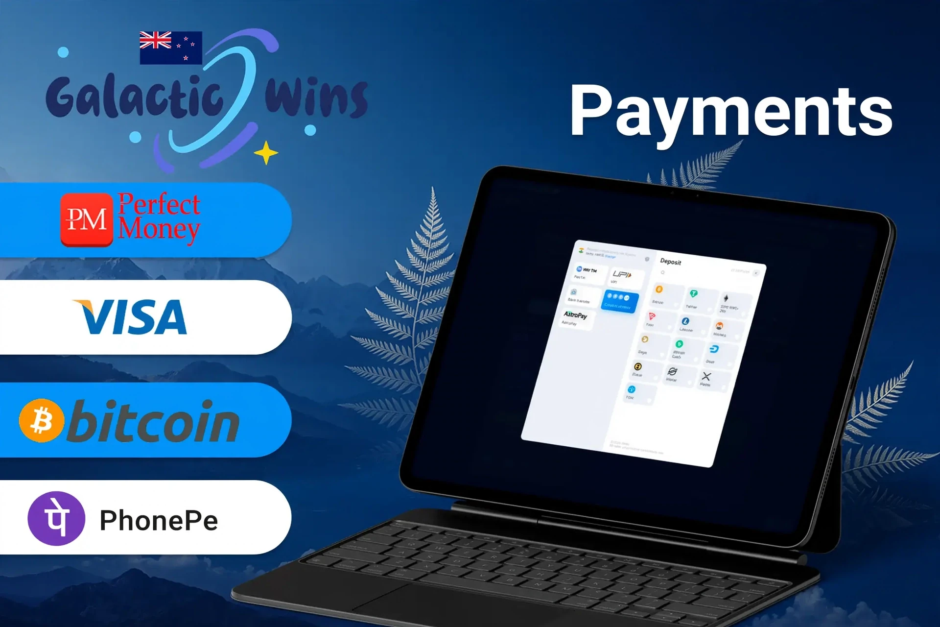 Galactic Wins Casino payment methods including Perfect Money, Visa, Bitcoin, and POLi for quick and secure transactions