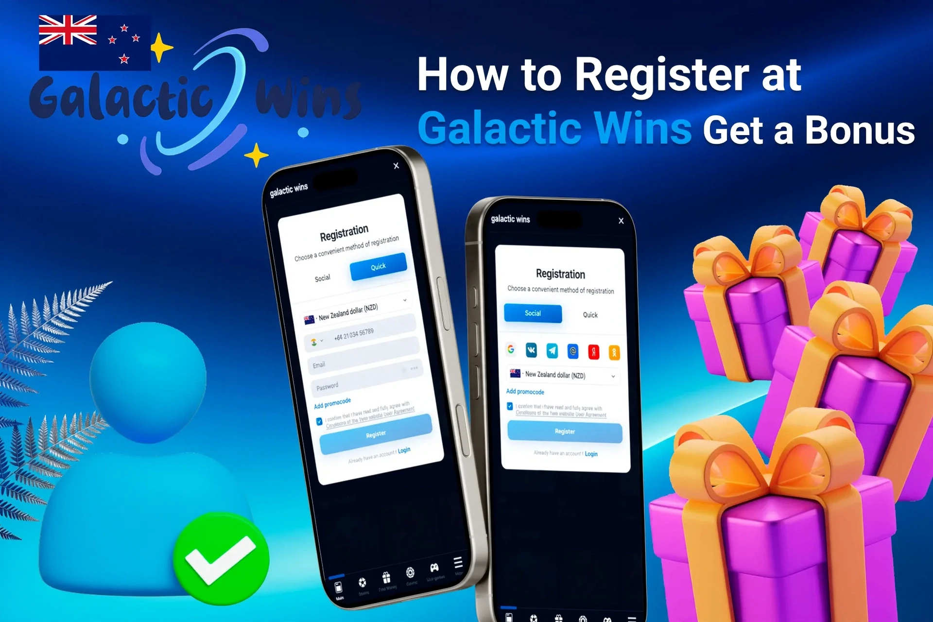 Mobile registration page for Galactic Wins Casino showing bonus offers with purple and gold gift boxes