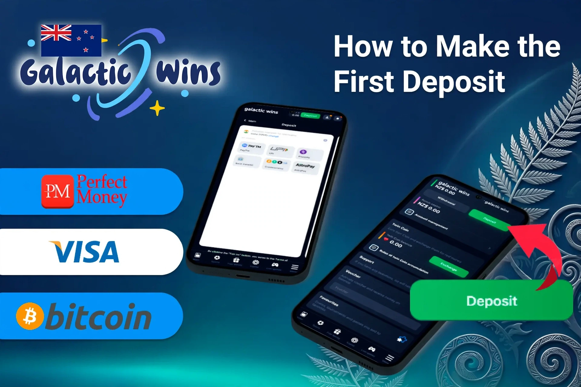 mobile app with deposit options including Perfect Money, Visa, and Bitcoin, along with deposit button