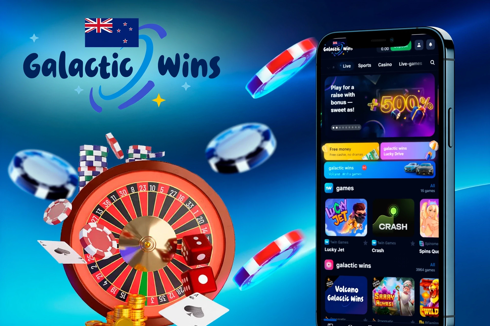 Mobile version of the Galactic Wins app displayed on smartphones, offering quick access to various betting and gaming features
