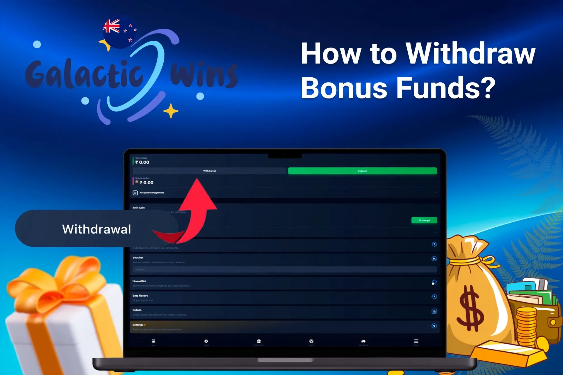 Laptop screen showing Galactic Wins Casino withdrawal options with money bags and gift boxes in the background