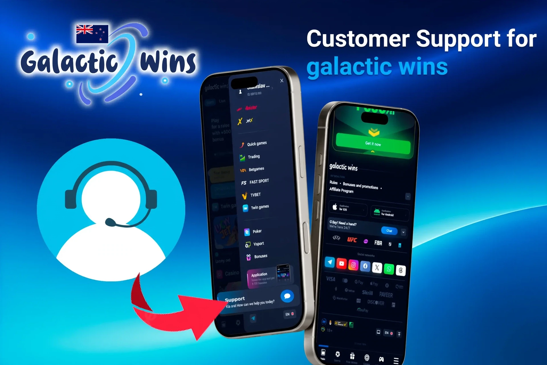 Customer support feature for the app, highlighting options for contacting support through the app