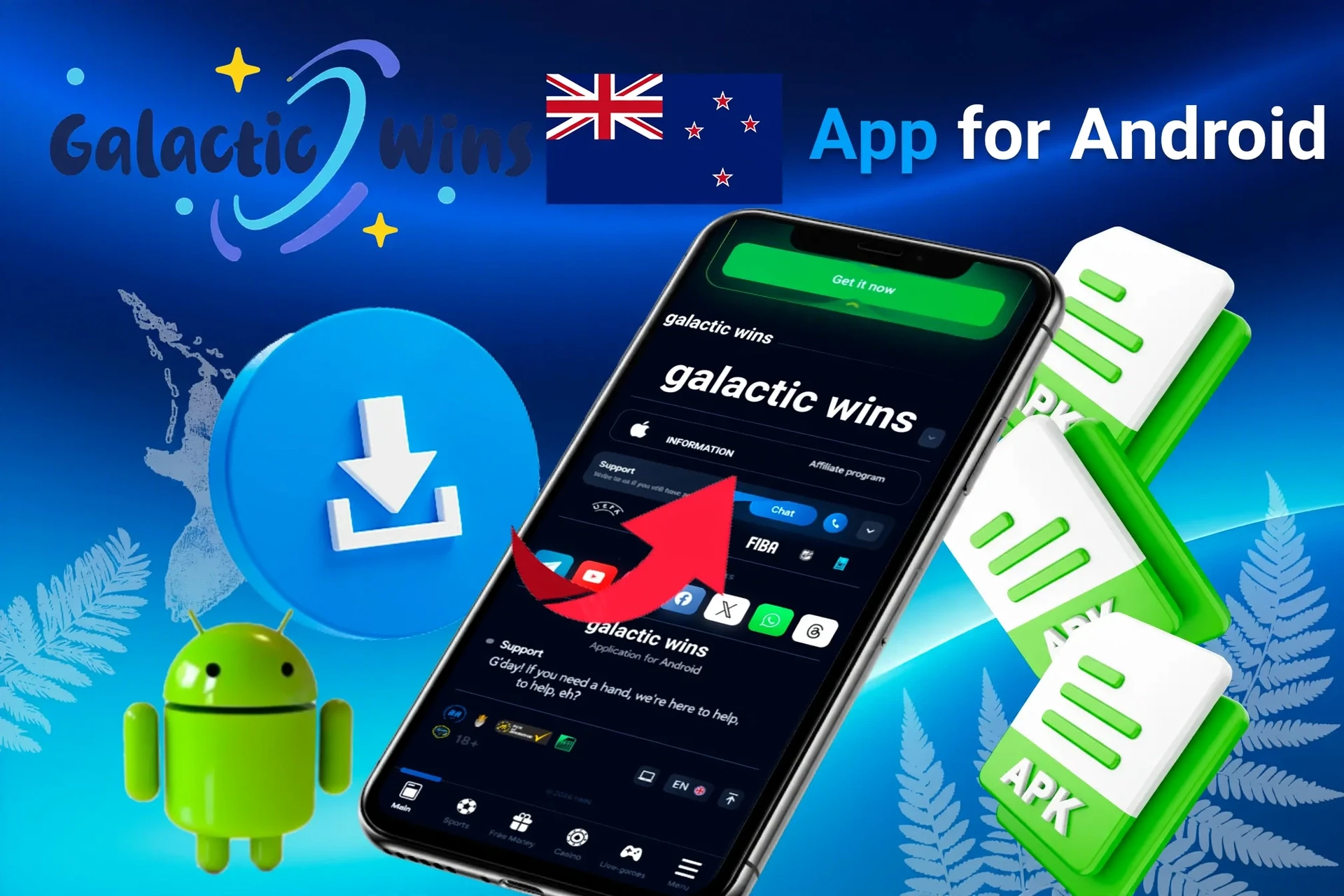 App for Android download process with APK file icons and Android mascot