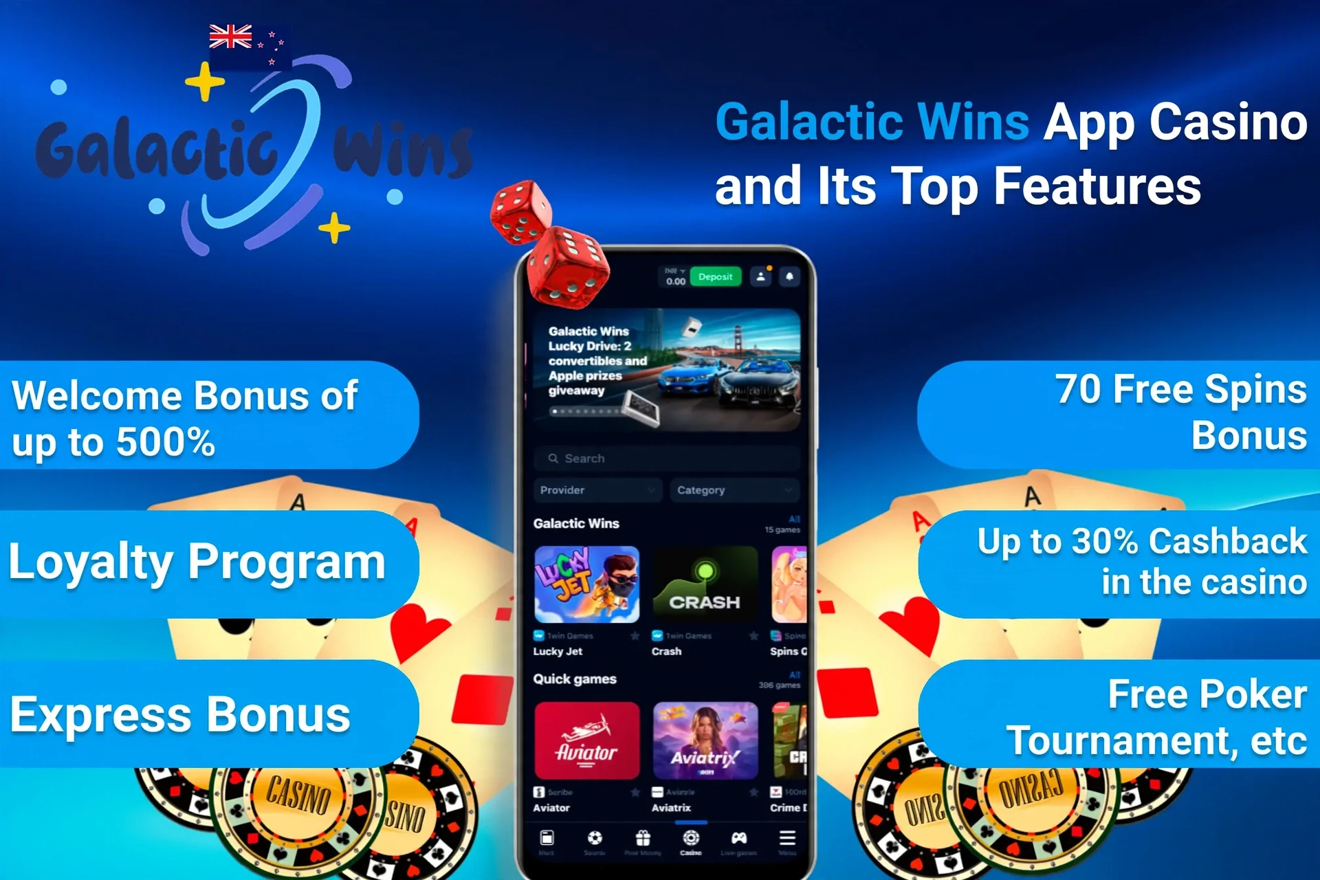1Win App Casino top features including welcome bonus, loyalty program, and express bonus on mobile interface