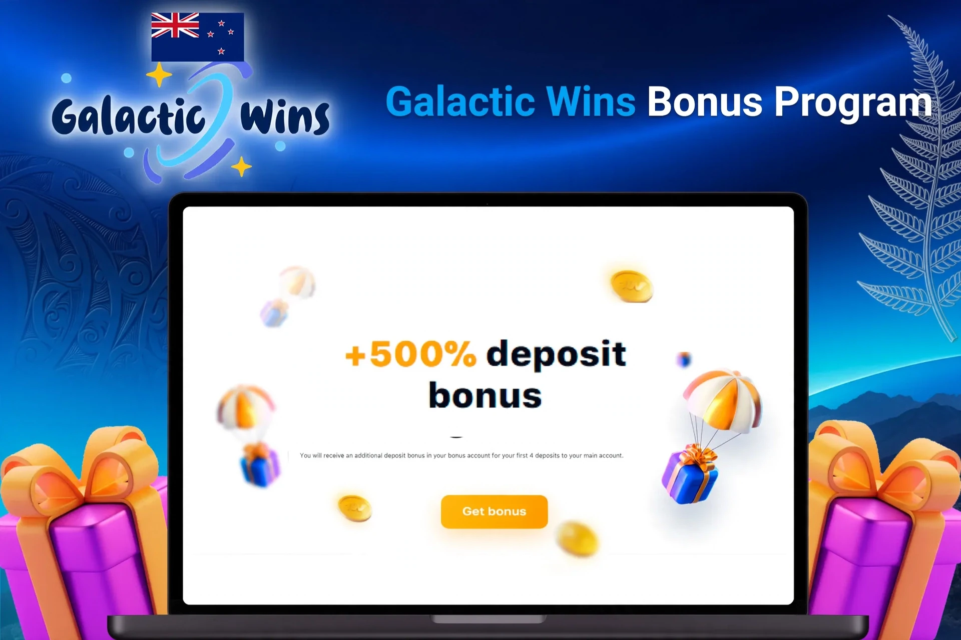 Laptop showing bonus offer of +500% deposit bonus with floating coins and gifts
