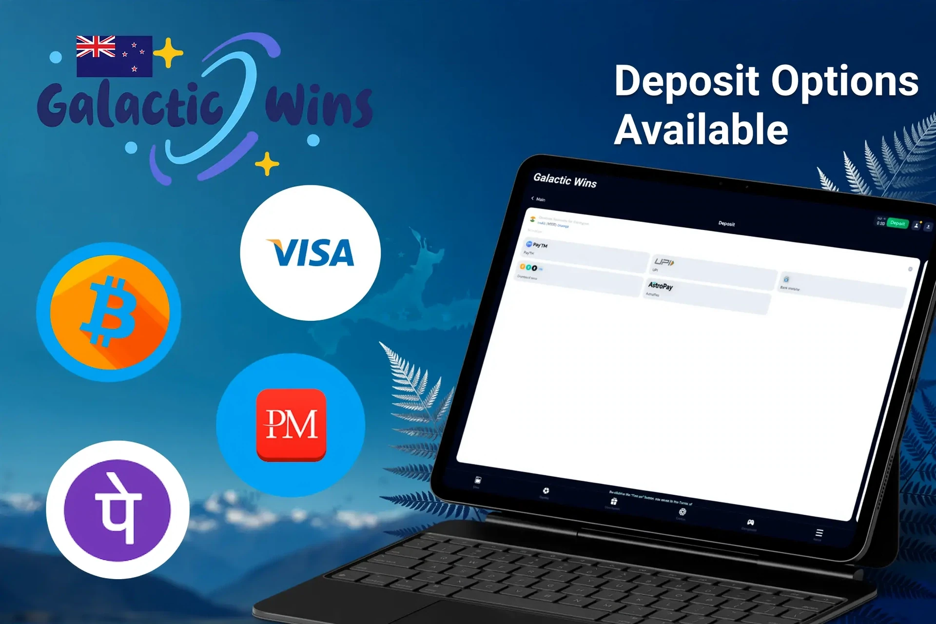 Deposit options available on Galactic Wins Casino platform, including Bitcoin, Visa, PayTM, and Perfect Money, displayed on a tablet