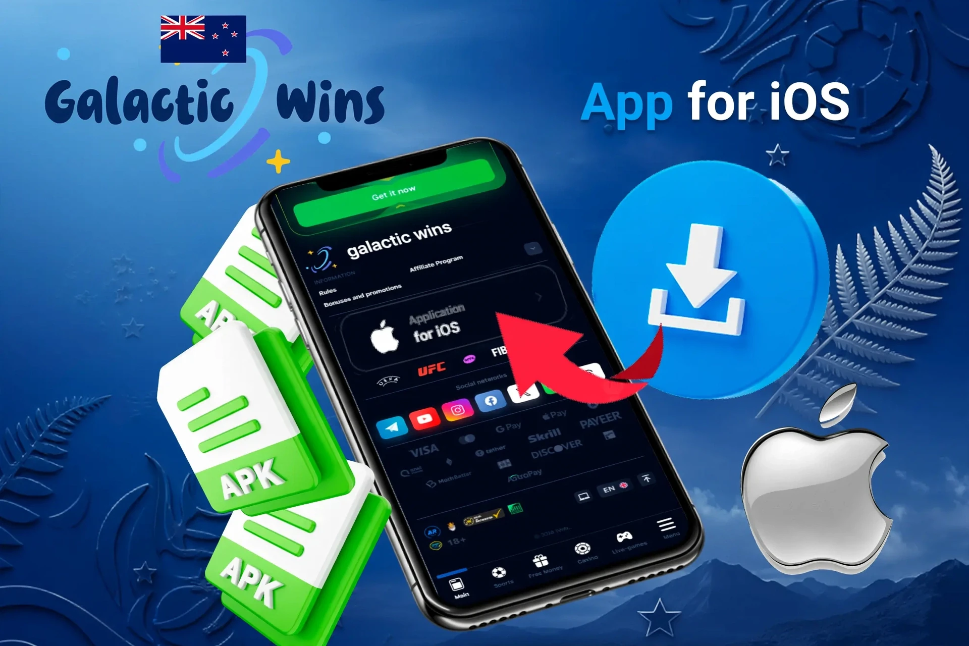 iOS app download screen with APK file icons and Apple logo