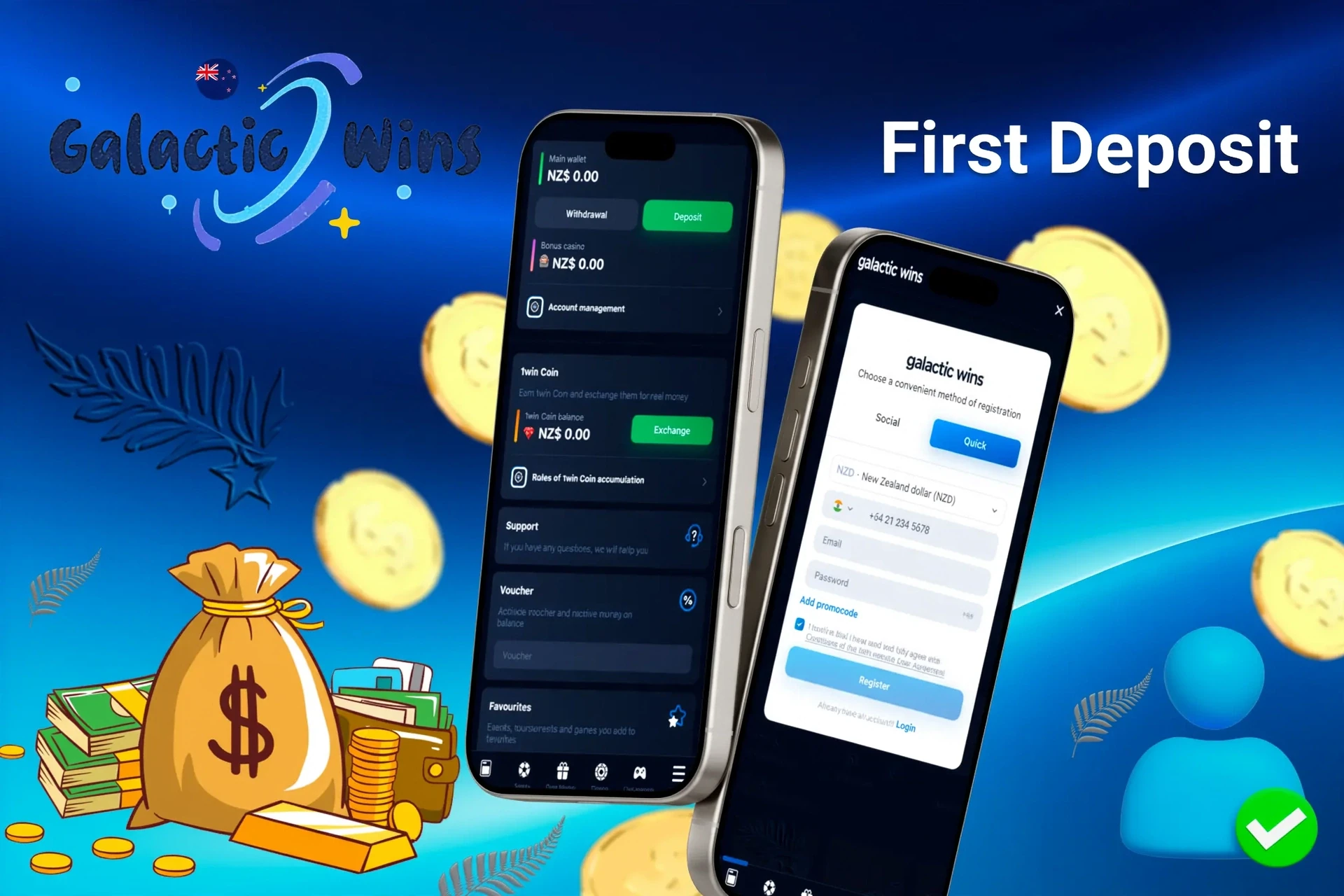mobile interface showing steps to make the first deposit, with icons for payment options and bonus registration