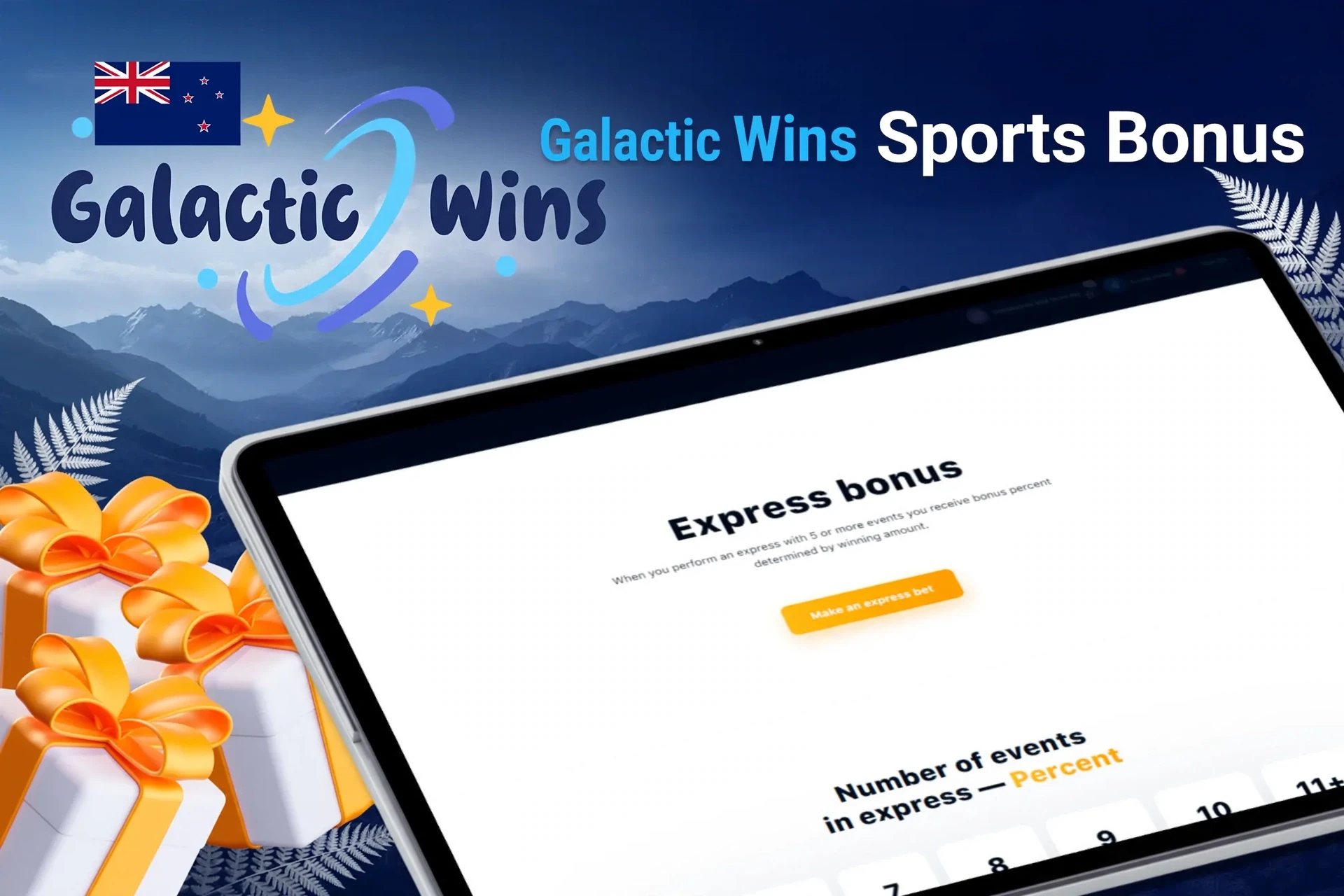 Tablet screen with express bonus offer for sports betting from Galactic Wins Casino, with trophy and gift boxes.