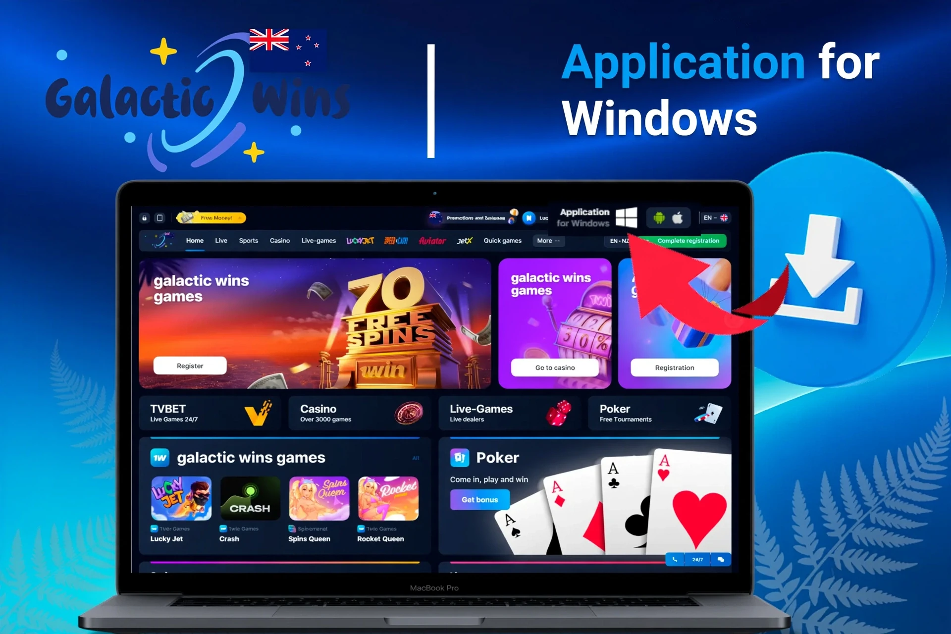 Application for Windows with download instructions and 180 free spins promotion