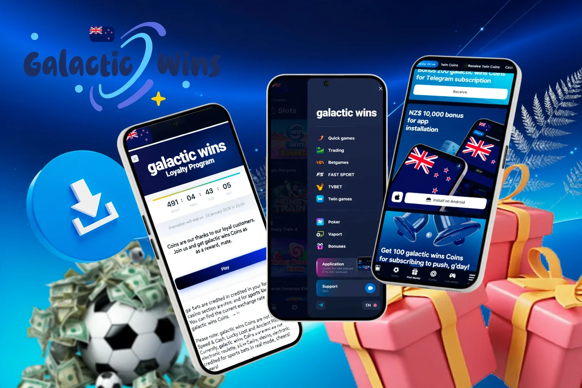 Mobile screens showing loyalty program, app installation bonus, and football icon with download button