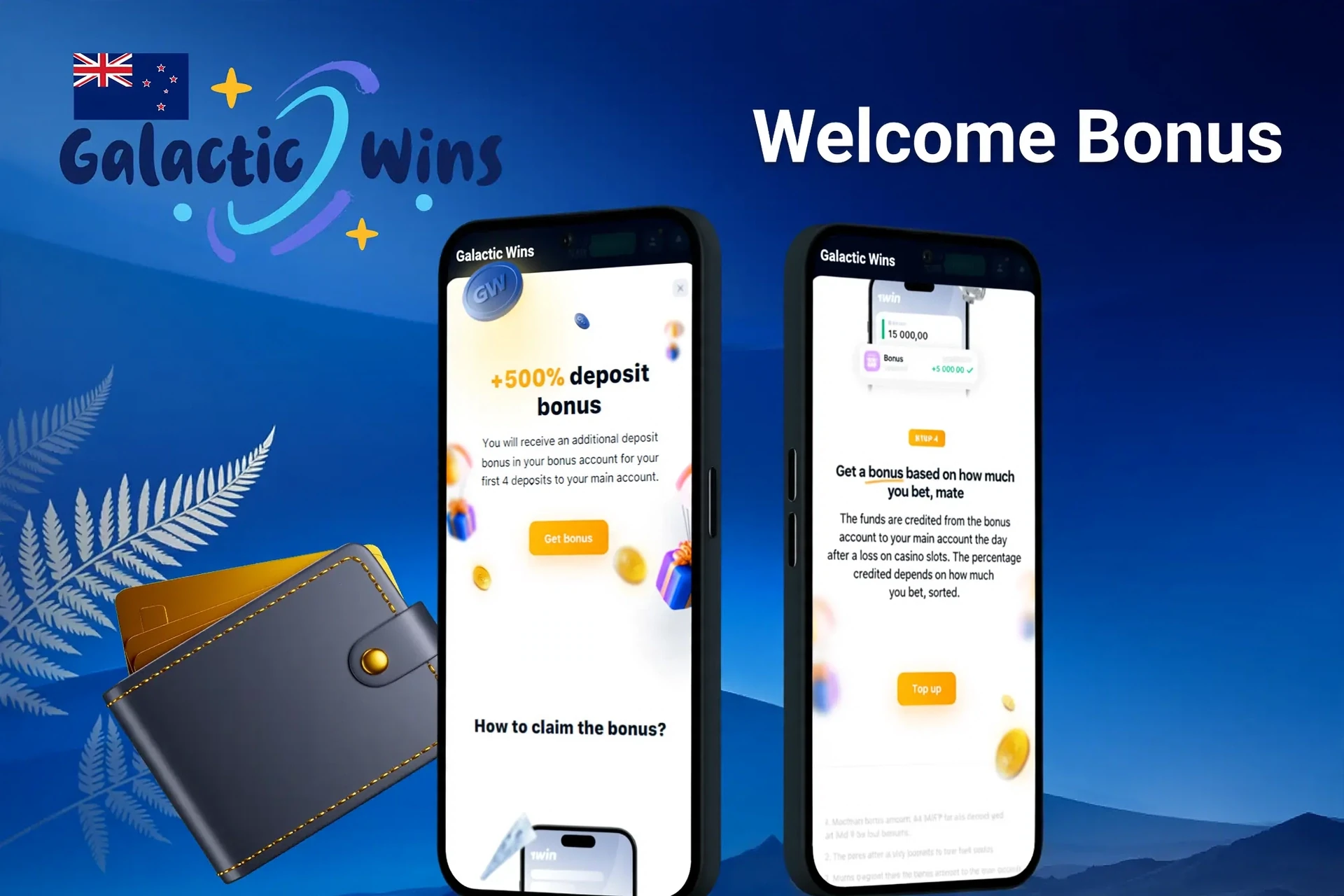Galactic Wins Casino welcome bonus screen with up to NZ$1,500 + 180 Free Spins displayed on two mobile screens