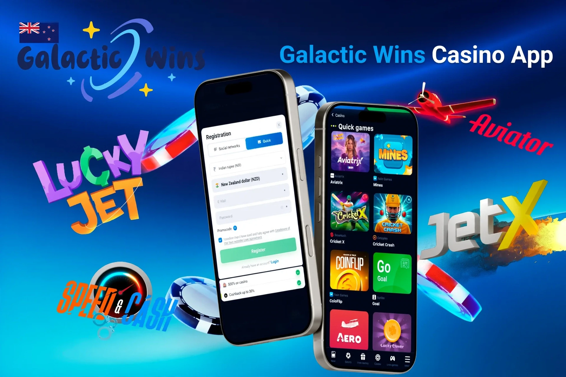 Galactic Wins Casino app registration screen with quick games like Aviatrix and JetX