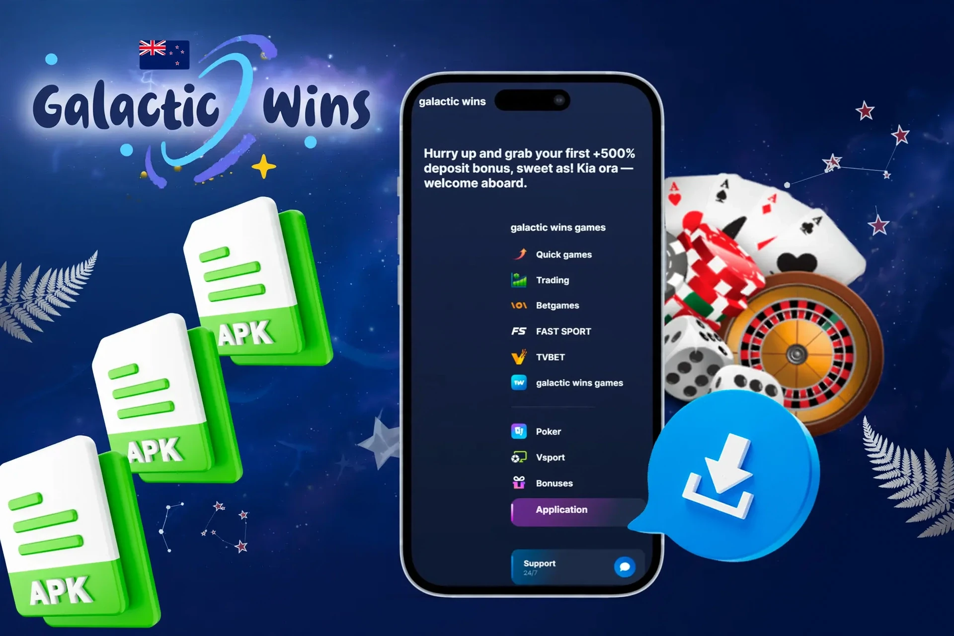 mobile access with device icons and casino chips illustrating mobile access to Galactic Wins games
