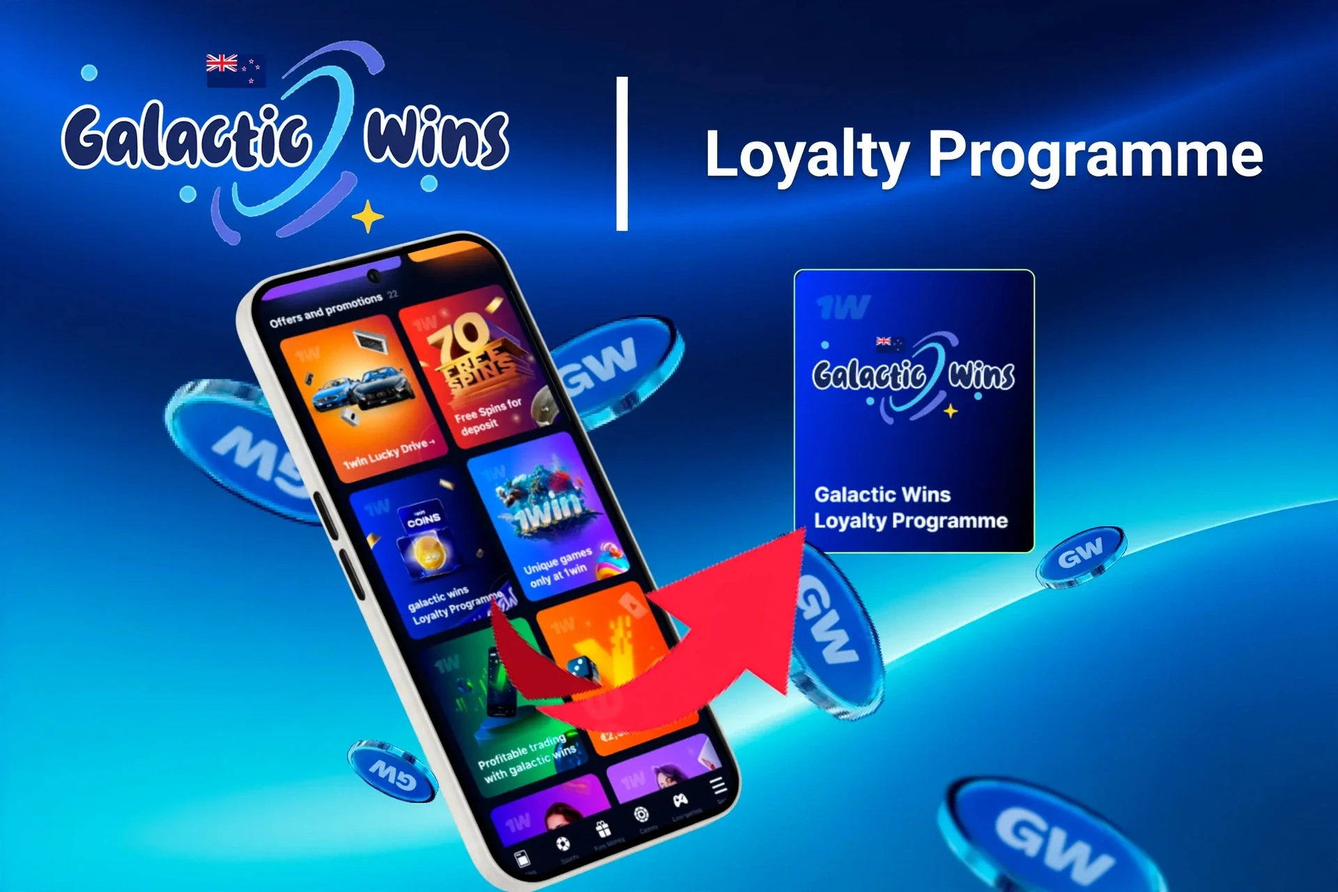 Mobile app showing Galactic Wins Casino loyalty program and offers like free spins and Lucky Drive.