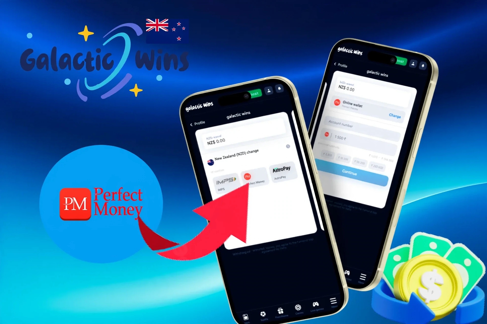 withdrawal options, featuring Perfect Money, AstroPay, and other wallet services, shown on a mobile interface