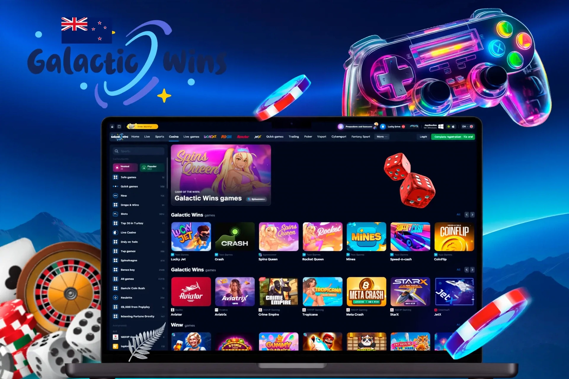 app interface showing a variety of games with a vibrant game controller icon representing Galactic Wins titles