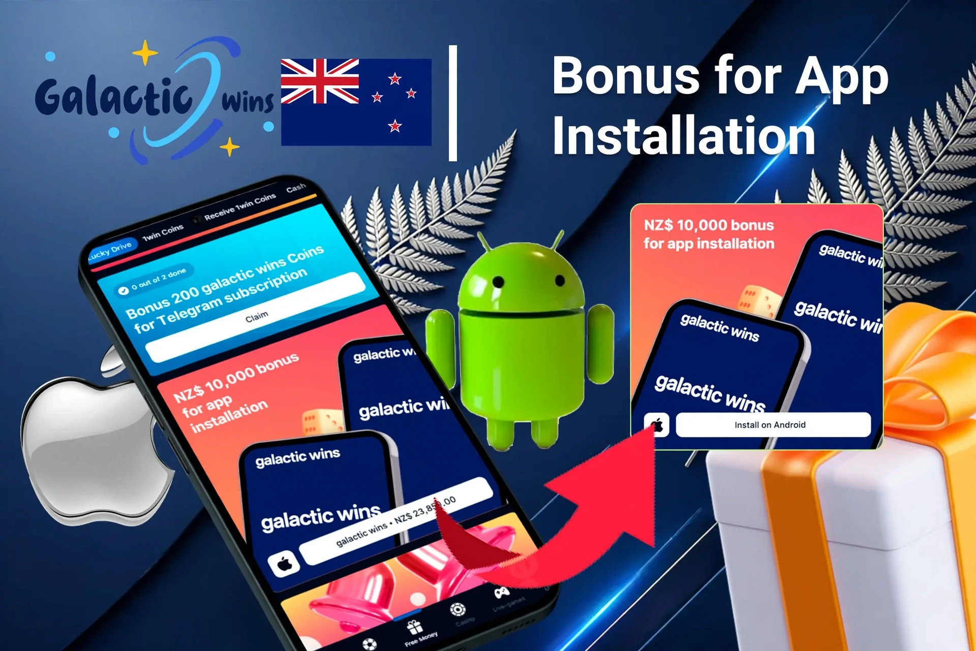 Galactic Wins Casino bonus offer for app installation on mobile with Android and Apple logos, and gift boxes