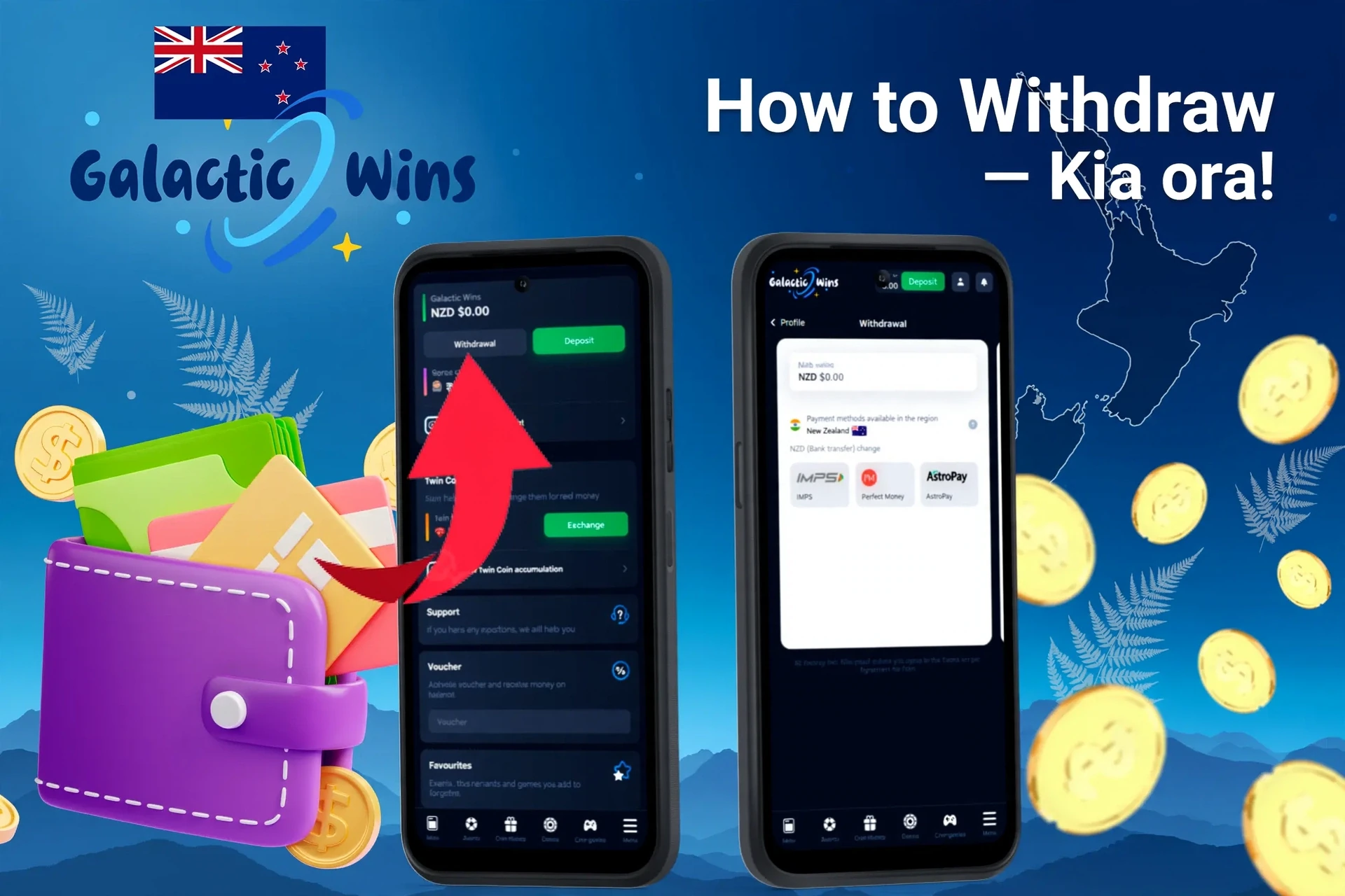 mobile interface showing withdrawal process with an arrow pointing to withdrawal options and available wallet balance