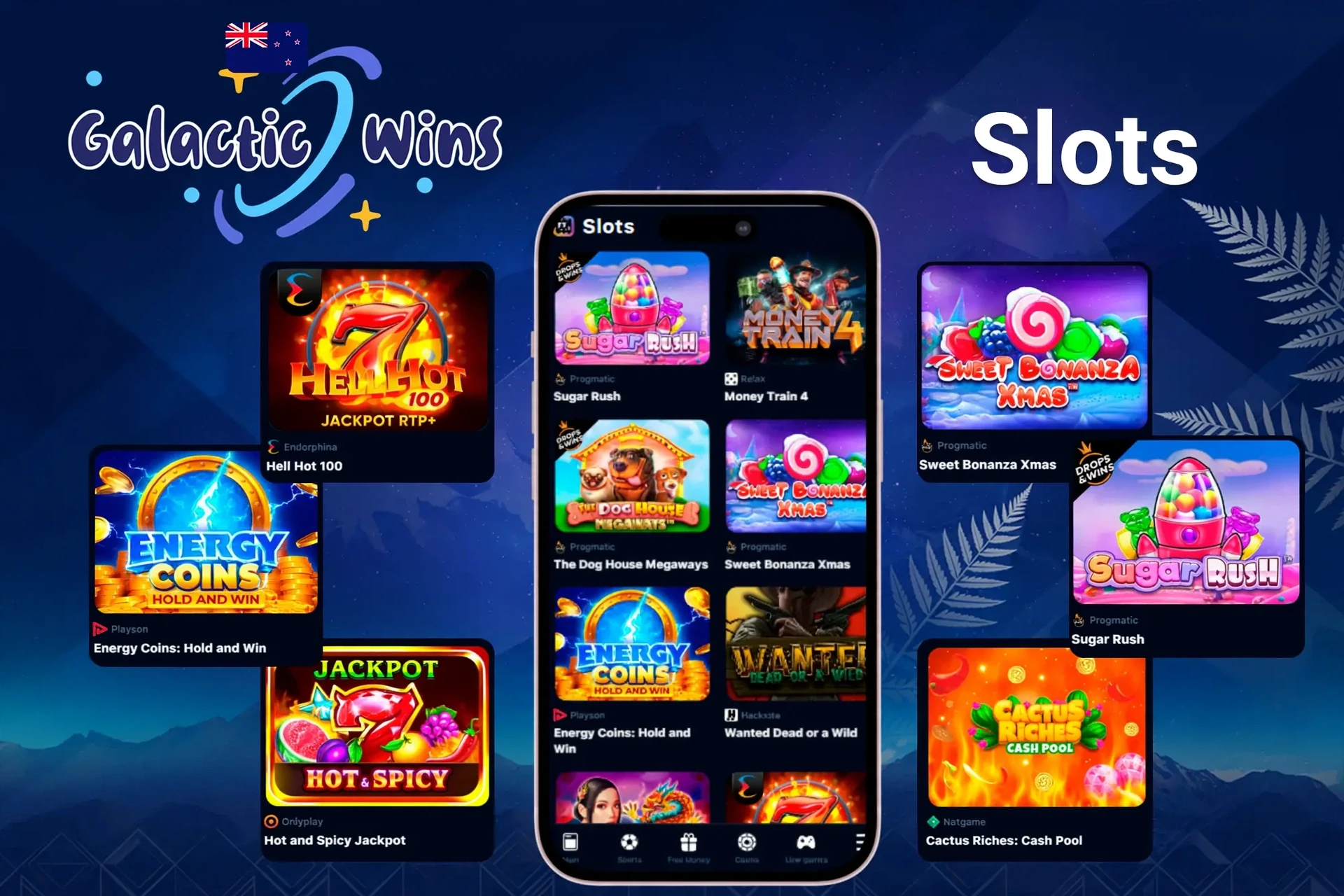 Slot titles such as Sugar Rush, Energy Coins and Hell Hot 100 displayed on mobile and desktop
