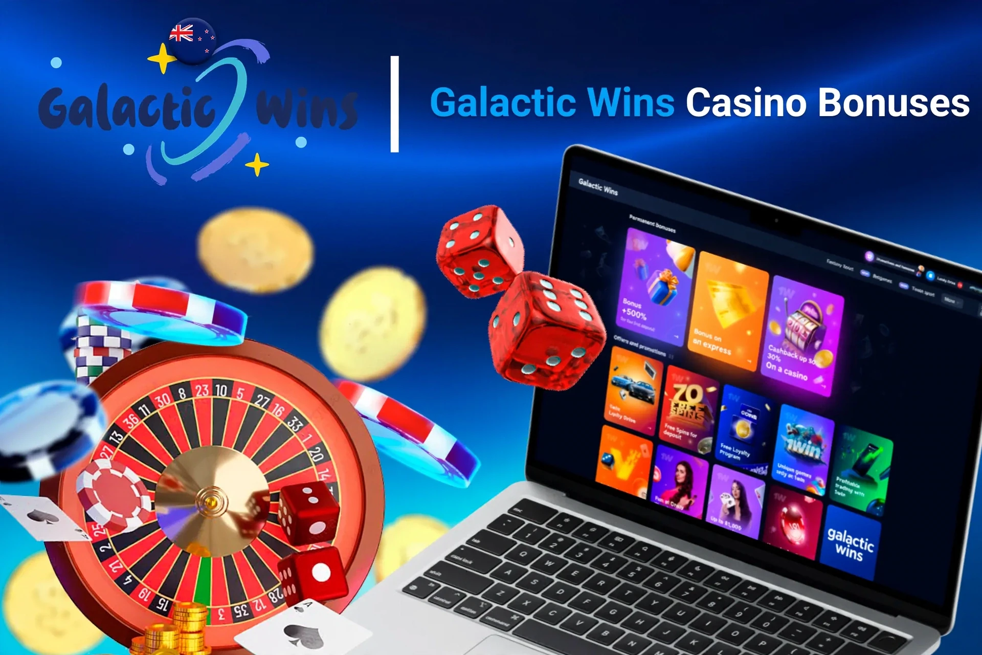 Laptop screen showing various Galactic Wins Casino bonuses with roulette, dice, and poker chips