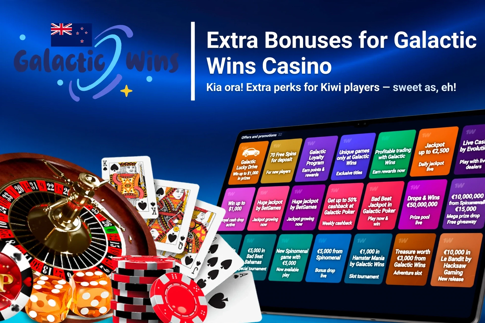 Mobile app showing casino game offers like loyalty program and free spins with poker chips and cards