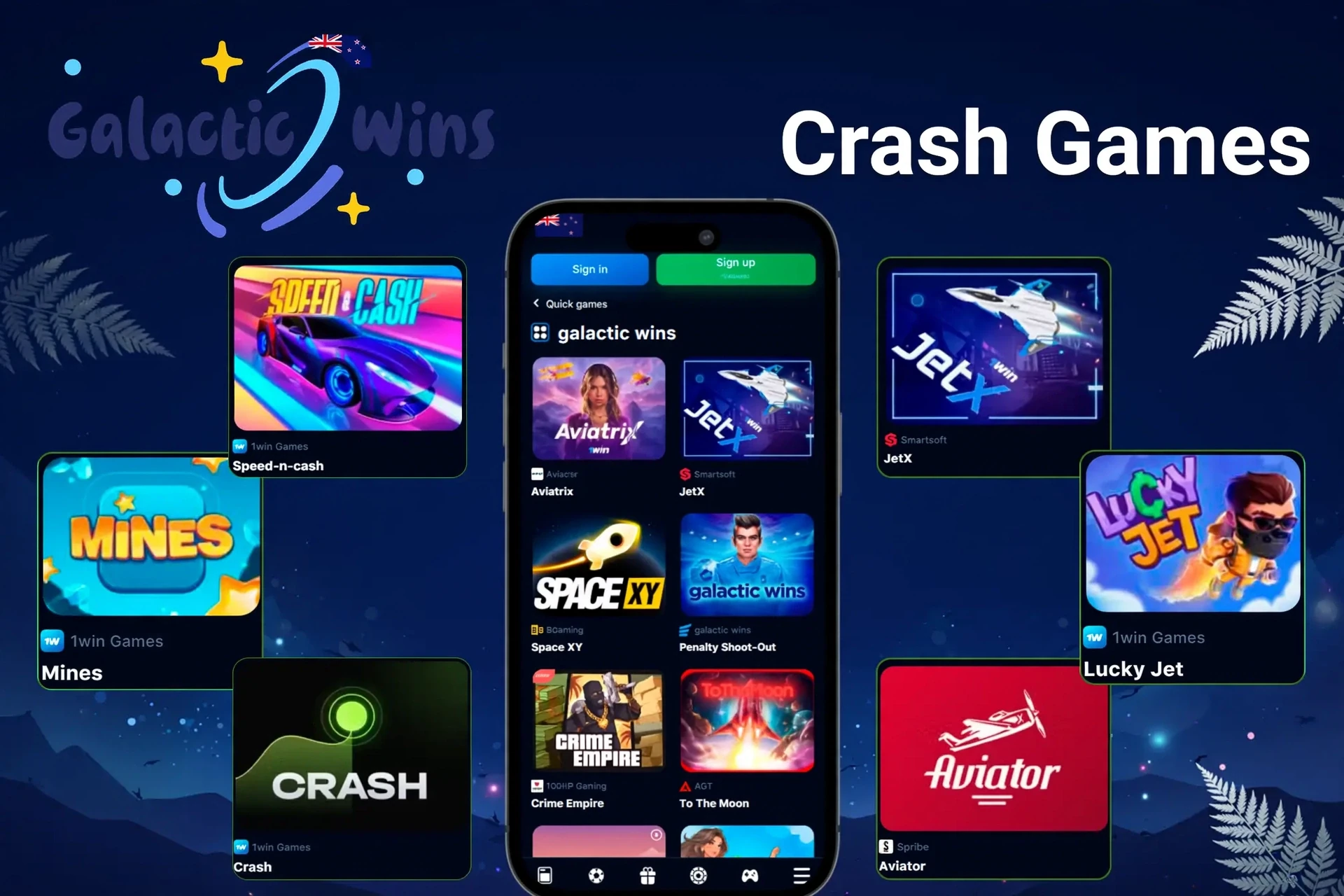 Crash games like Mines, Speed-n-Cash, JetX and Lucky Jet shown on mobile devices
