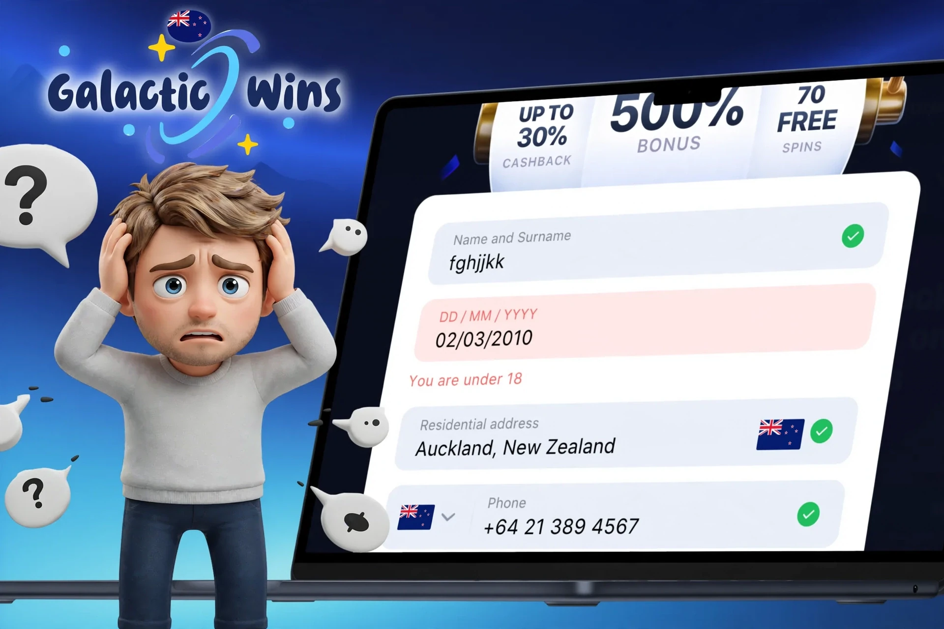 Description of possible difficulties when registering on Galactic Wins Casino